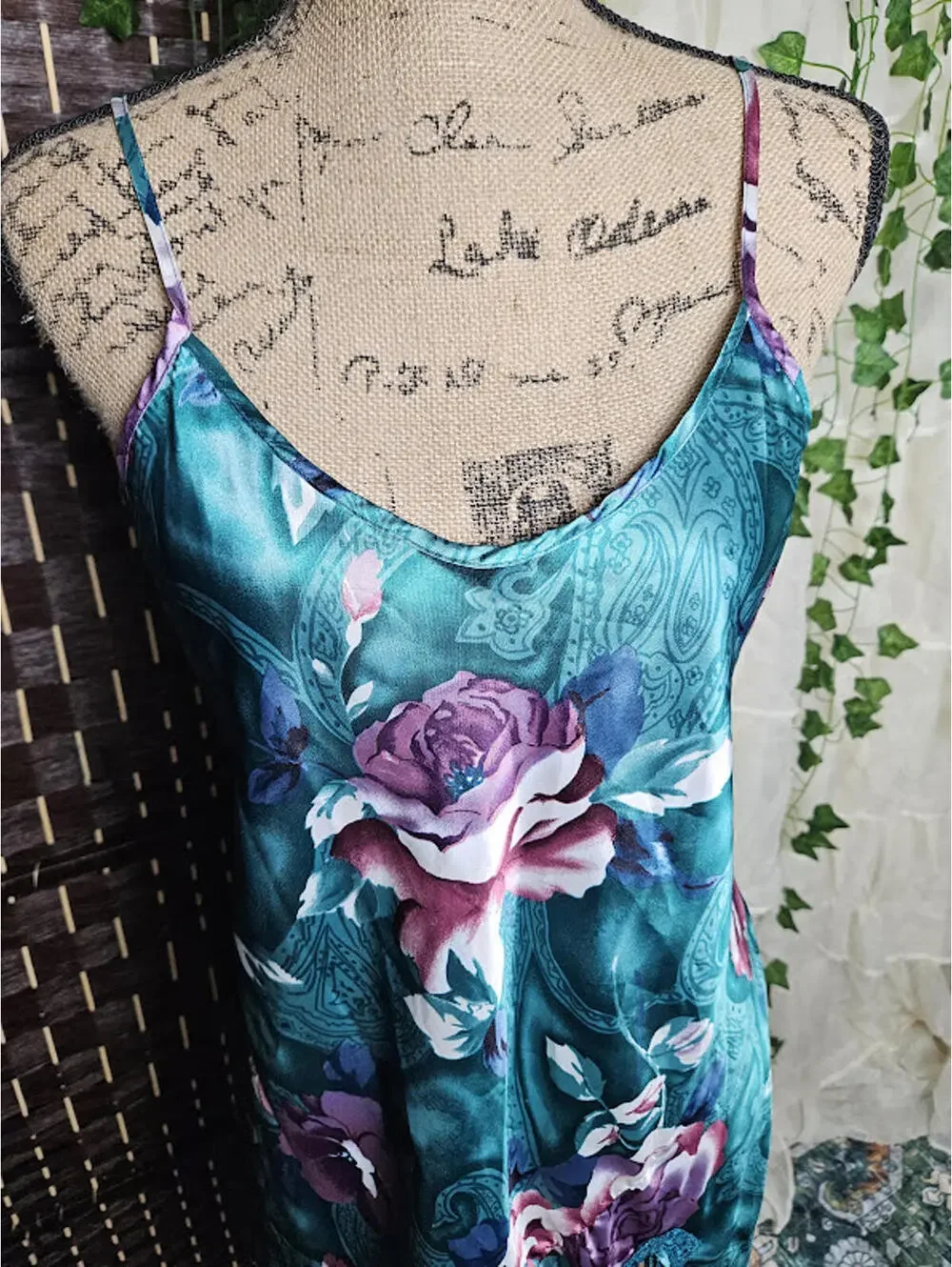 Vintage Satin Slip and Robe Set Teal Floral Lingerie Set - Picture 6 of 7